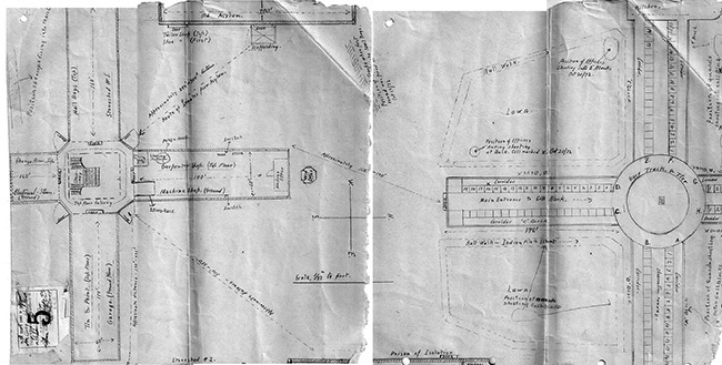This black and white image is a hand drafted map of the buildings and yard of Kingston Penitentiary. There are three buildings, two are t-shaped with a central area connecting each of the buildings’ four wings. The north building includes the cell blocks while the south building is labeled with the various shop locations. The building on the west side is labeled as the old asylum. Between all the buildings is the yard with various labels showing where there is lawn, walks, and officer positions.