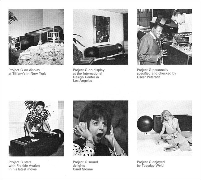 A picture-page from the 1964 Clairtone annual report. The page is divided into 6 smaller image boxes containing photos. These 6 photos are divided into 2 3-picture rows stacked on top of each other. Each box contains a notable person or locale in interaction with Clairtone's Project G stereo. In box 1 from the top row of 3, Project G is shown on display at Tiffany's department store in New York. Next, moving rightward, Project G is shown on display at the International Design Centre in Los Angeles. Then, at the far right, an image of Project G being examined by jazz-pianist Oscar Peterson, who wears a broad grin as he chats with a technician demonstrating the stereo. In the bottom row of 3 images we see the first photo from the left: entertainer Frankie Avalon shown leaning over Project G on a movie set. Next, moving rightward, jazz singer Carol Sloane is shown with earphones on and her mouth open in surprise. And, at the far right of the row, we see the actress Tuesday Weld sitting on a bed looking relaxed with the Project G behind her. 