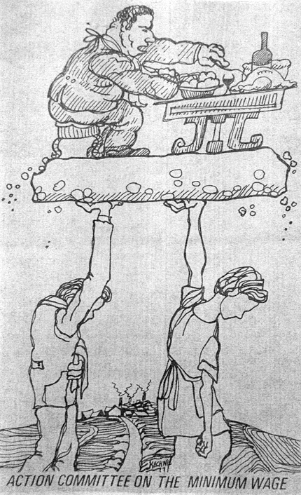 An illustration depicting two people holding up and carrying a slab of earth.  On top of the slab is a larger man eating at a table full of food.  The wording at the bottom of the illustration says "Action committee on the minimum wage".