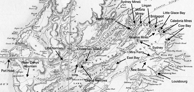 A map of Cape Breton Island showing various mine locations as well as other relevant places.