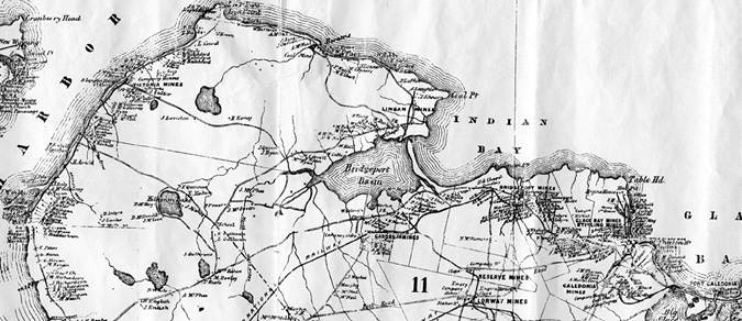 A map of the south side coalfield showing the water's edge and relevant places.