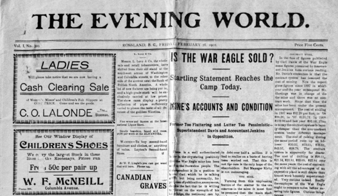 A portion of the front page of The Evening World newspaper from February 1902.