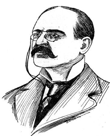 A sketch drawn of a middle aged white male.  He is wearing a suit and has a mustache.  He is wearing a style of eyeglasses called Pince-nez.