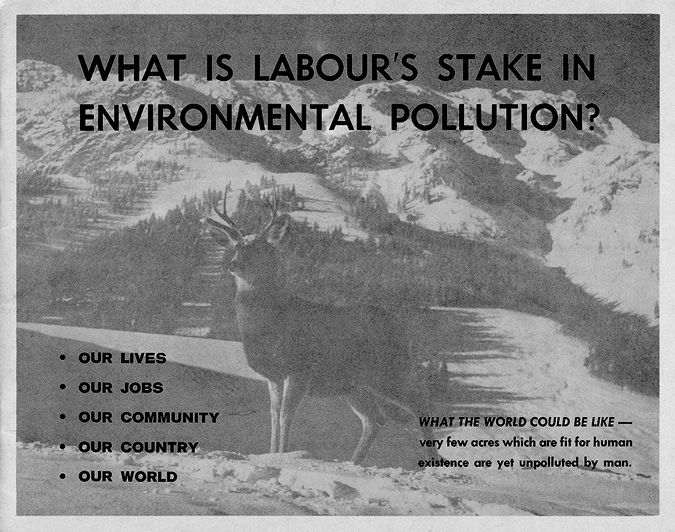 A booklet cover with the heading: What is Labour's Stake in Environmental Pollution? The following wording is laid over an image of a deer in the mountains: our lives, our jobs, our community, our country, our world. On the bottom right of the cover it says: What the world could be like very few acres which are fit for human existence are yet unpolluted by man.