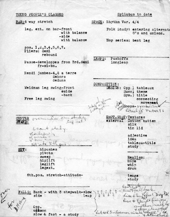 Hand-typed page list of various stretches and exercises such as “Bar: 6 way stretch,” “Weidman leg swing,” “pivots,” and “folk study.” Other headings include “Leaps“ and “Composition.” Various handwritten notes supplement the typed notes, such as “Rise and fall back” and “over under arm study.”