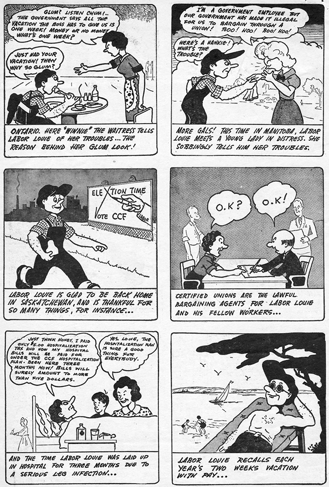This image is a six-panel continuation of the Labor Louie comic, highlighting different labor issues across Canadian provinces. The strip underscores various worker-related issues, from reduced vacation and bargaining rights to positive outcomes like access to healthcare and paid vacations:Panel 1: Labor Louie is sitting in a restaurant in Ontario, where a waitress named Winnie is complaining. She explains how the government says her boss only has to give her one week vacation.Panel 2: Louie encounters a government employee in Manitoba who is upset because the government has made it illegal for employees to bargain through a union. She sobs, expressing her frustration to Louie.Panel 3: Back in Saskatchewan, Louie walks confidently past a sign that says "Election Time – Vote CCF." The panel suggests that Louie is thankful to be back in his home province.Panel 4: Louie and another worker sit at a table discussing certified unions, which are the lawful bargaining agents for Louie and his fellow workers. Panel 5: A flashback shows Louie in a hospital bed recovering from a serious leg infection. His wife mentions that they only had to pay a $5 hospitalization tax and the three months of medical bills will be paid for by the CCF hospitalization plan, which benefits everyone.Panel 6: Louie is relaxing under a tree near the water, recalling his annual two weeks of paid vacation, a benefit he clearly enjoys.