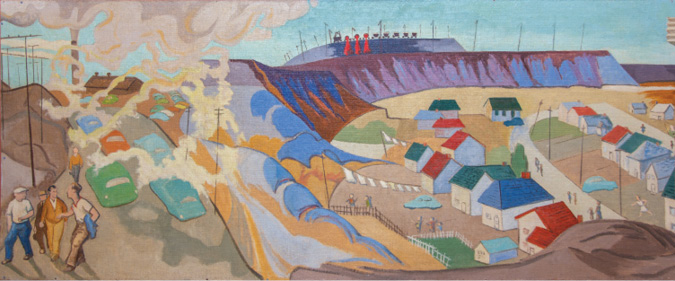 A panel of a vibrant mural painting portraying contrasting scenes of industrialization and residential life. On the left side, thick plumes of smoke rise from factory chimneys and fill the sky, mixing with exhaust from a congested roadway packed with colorful cars. Several men walk along a sidewalk in the foreground, possibly workers heading to or from the factory. Power lines and utility poles stretch across the landscape. In the center and right, the scene transitions into a more peaceful residential area with small houses in a variety of colors—red, green, blue, and white—arranged along winding streets. Children play near a fenced yard and laundry hangs on clotheslines, adding to the sense of everyday life. Behind the homes, a large hill or mining mound looms with brightly painted streaks of red, orange, and blue, and a row of silhouetted industrial figures and carts lines its top edge, symbolizing mining activity. The mural blends the industrial and domestic, illustrating the close relationship between labor, environment, and community.