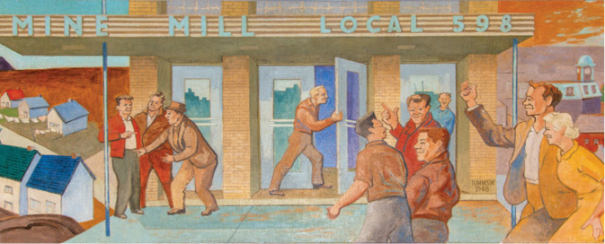 A vibrant section of a mural titled MINE MILL LOCAL 598, showing a group of smiling and animated people gathered in front of a union hall. The building has a brick facade with large glass doors and a prominent sign bearing the union's name. Workers, dressed in various shades of brown, red, and blue, are depicted shaking hands, talking, and greeting each other warmly, creating a sense of camaraderie and solidarity. One man gestures enthusiastically with a raised arm, while another leans in to converse. On the right, a man and woman walk arm in arm, smiling, with a clocktower visible in the background above rooftops. To the left, a neighborhood of modest homes with laundry hanging outside evokes the connection between labor, community, and daily life.