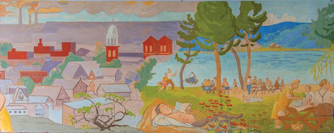 A panel of a colorful mural painting depicting a contrast between industrial city life and serene nature. On the left, a dense townscape with red and gray buildings is shown under a cloudy sky, with factory smokestacks in the distance emitting thick plumes of smoke. A church with a white dome and a red tower stands among the rooftops. To the right, the scene opens into a lush, green riverside park filled with life and leisure. People are picnicking at wooden tables, playing, rowing a boat, or relaxing on the grass. A shirtless man lies in the foreground reading a book among red flowers, while others enjoy food and conversation. Trees frame the vibrant blue water of the river, which flows peacefully under a backdrop of blue hills. The mural reflects the coexistence of industrial labor and everyday joys, emphasizing community, relaxation, and connection to nature.