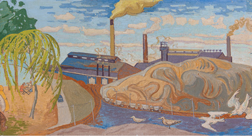 The final section of a mural painting showing a stark juxtaposition between natural and industrial environments. On the left side, a serene riverside scene includes a pair of people sitting at a picnic table beneath a willow tree, surrounded by soft greenery and water. To the right, the scene transitions into a large industrial complex with smokestacks emitting yellow and brown smoke into a cloudy sky. Several factory buildings painted in shades of blue and brown dominate the center, and swirling mounds of ore or tailings rise beside them. A line of mining carts runs along tracks at the base of the mounds. In the foreground, a river flows with seagulls standing and flying over it, offering a contrasting sense of life amid industrial encroachment. The mural captures the tension and coexistence between industrial development and natural surroundings.