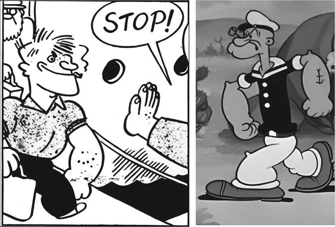 A side-by-side comparison of two cartoon characters, Red Haggis (left) and Popeye (right), emphasizing their physical similarities. On the left, Red Haggis is shown in a black-and-white comic panel with exaggerated muscular forearms, a broad chest, and a prominent chin. He is walking forward confidently with a large STOP! speech bubble above his head and another character’s hand raised in a halting gesture. On the right, Popeye the Sailor is depicted in his classic animated form with similar exaggerated forearms, a square jaw, and a confident stride. He wears his iconic sailor outfit, including a cap and pipe. The image notes the striking resemblance between the two characters in both posture and physical traits.